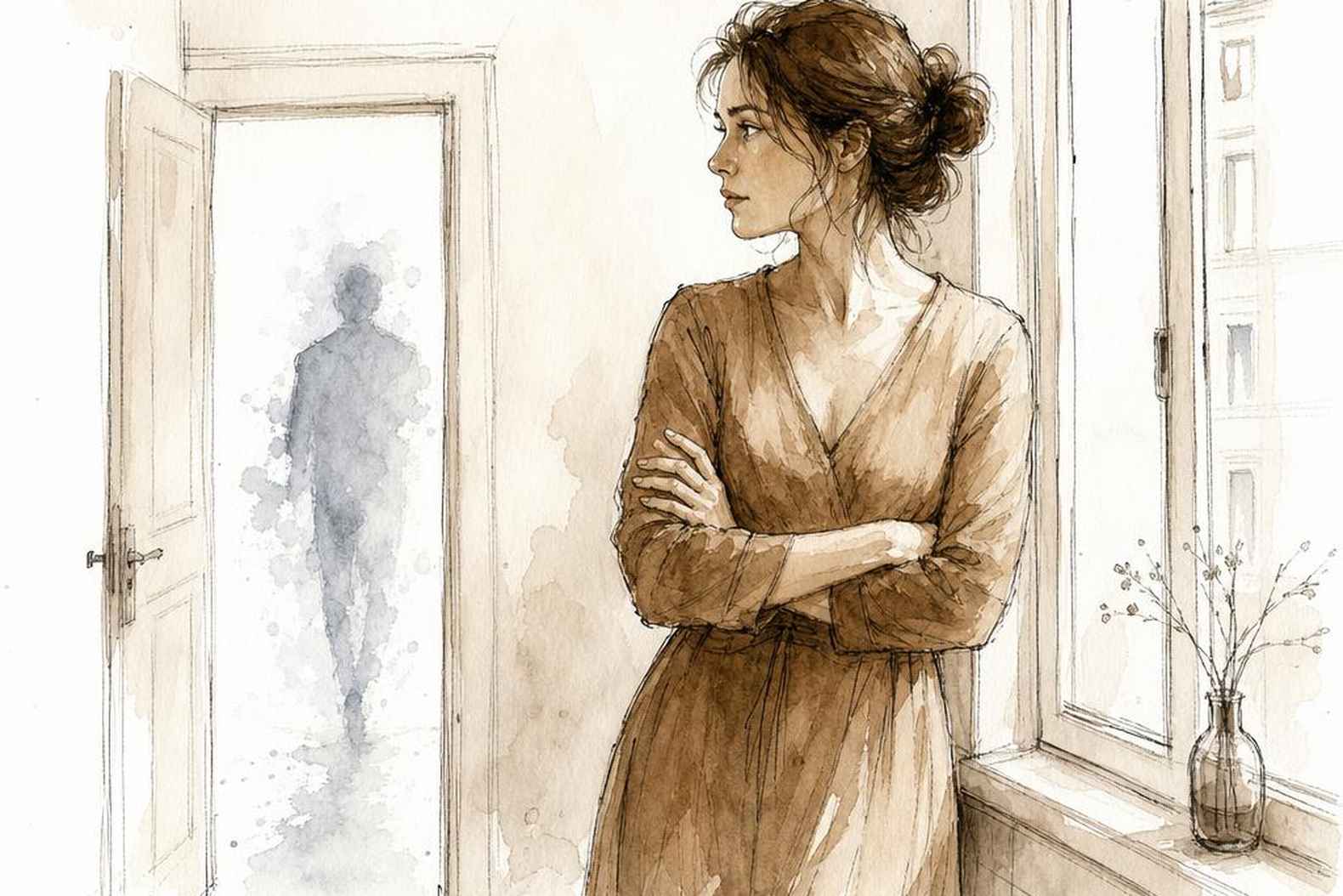 женщина у окна, в дверях растворяется силуэт