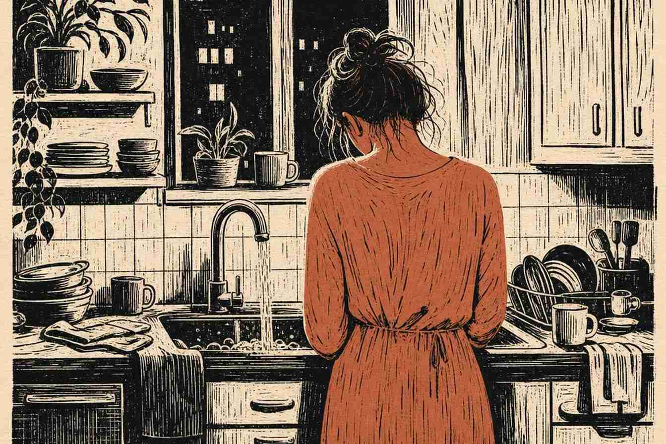 Женщина у раковины, поникшие плечи, текущая вода