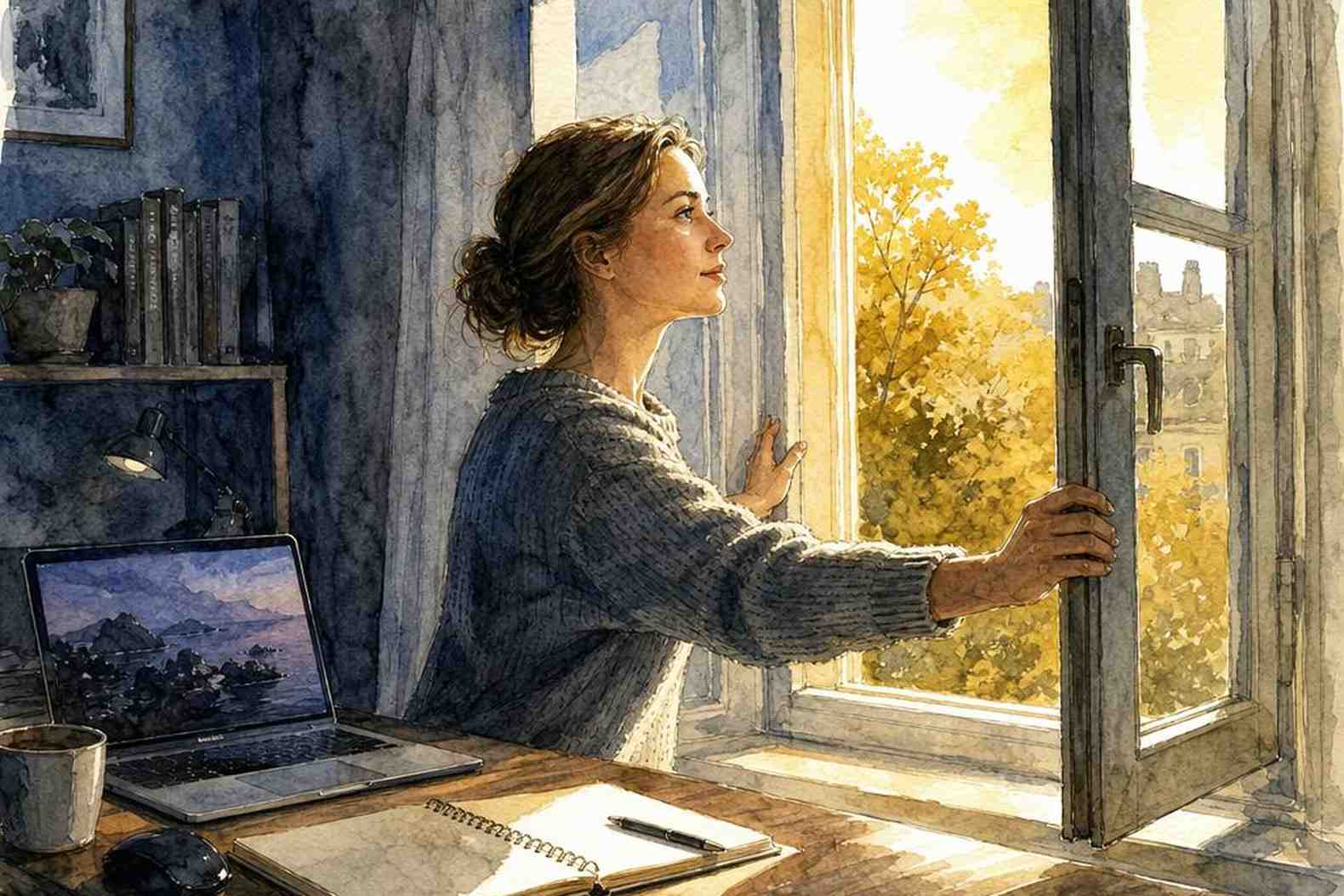 женщина у окна, впереди свет