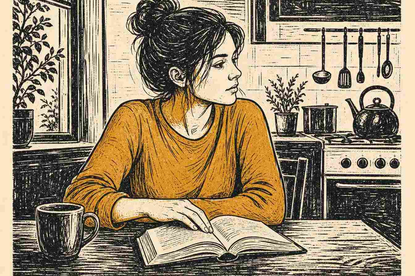 Женщина читает книгу, остановилась