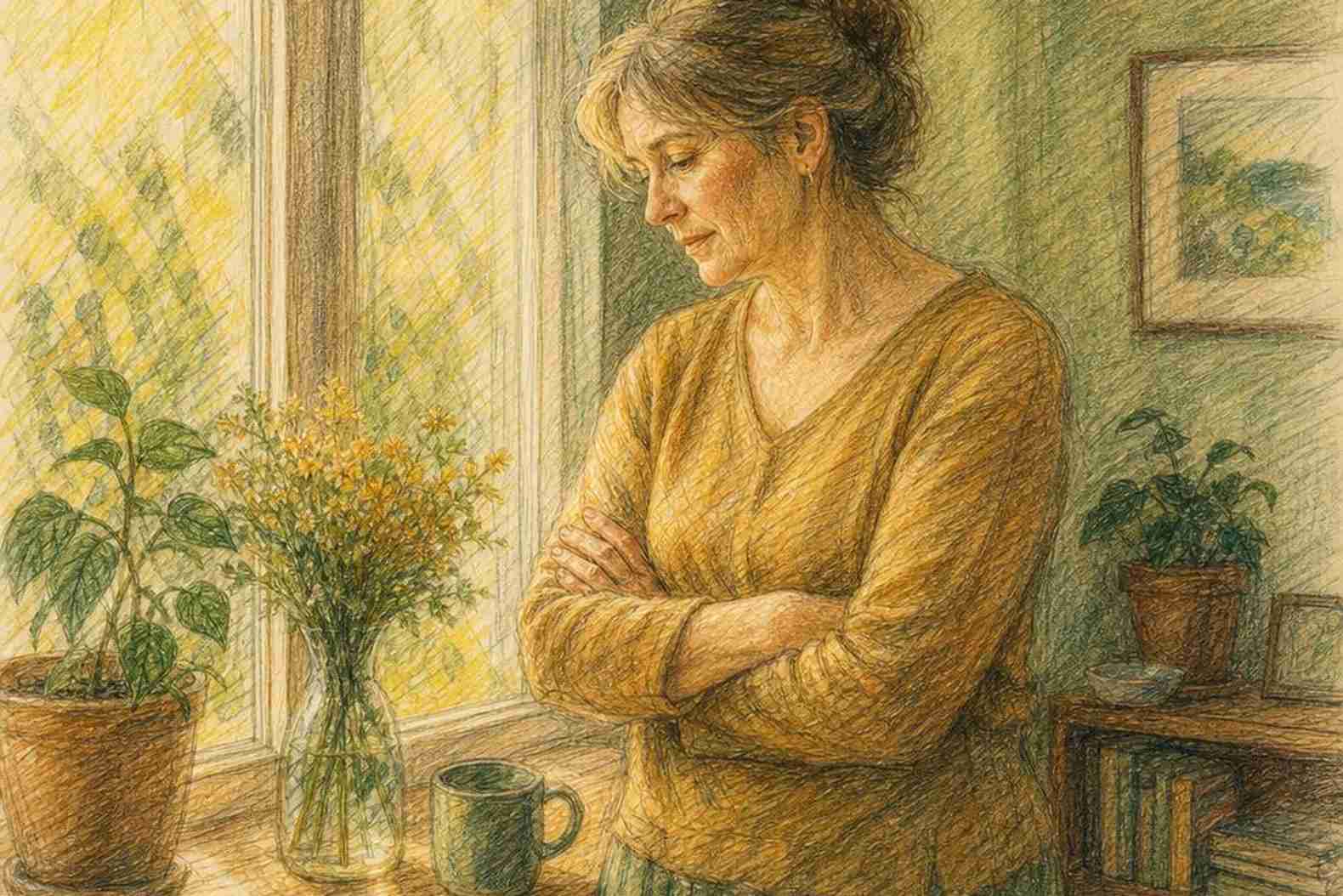 Женщина у окна в раздумьях о сыне наркомане