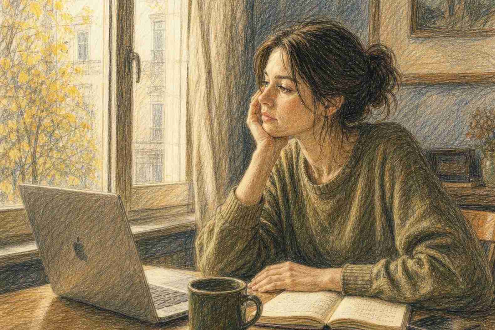 Женщина одна у окна, задумчивый взгляд на свет