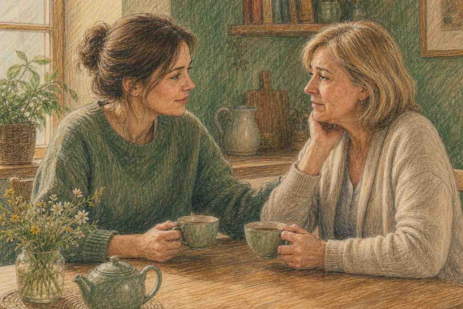 Две женщины за чашкой чая, момент поддержки