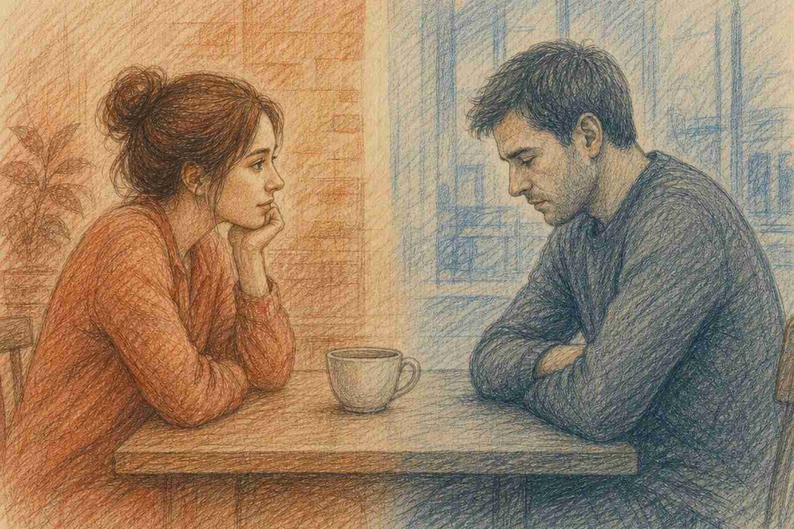 Женщина и мужчина в тихом разговоре за столом