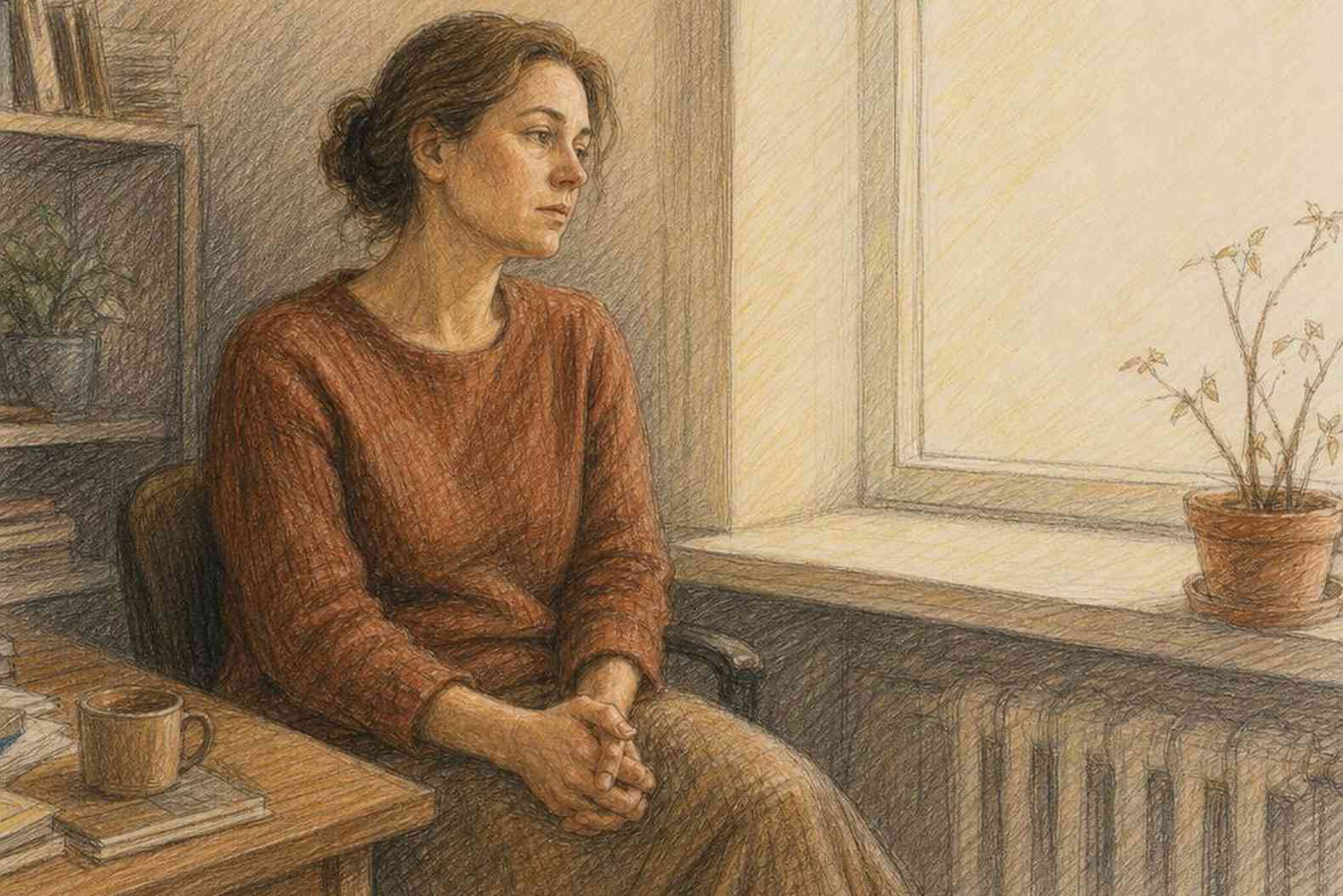 Женщина у окна, усталость и внутренняя сила