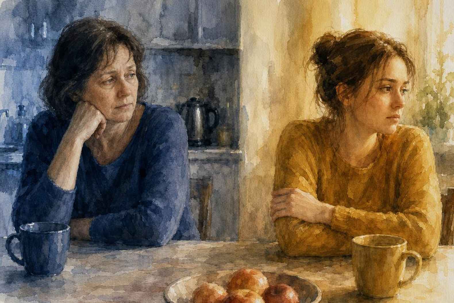 мать и дочь за столом, напряжённая дистанция