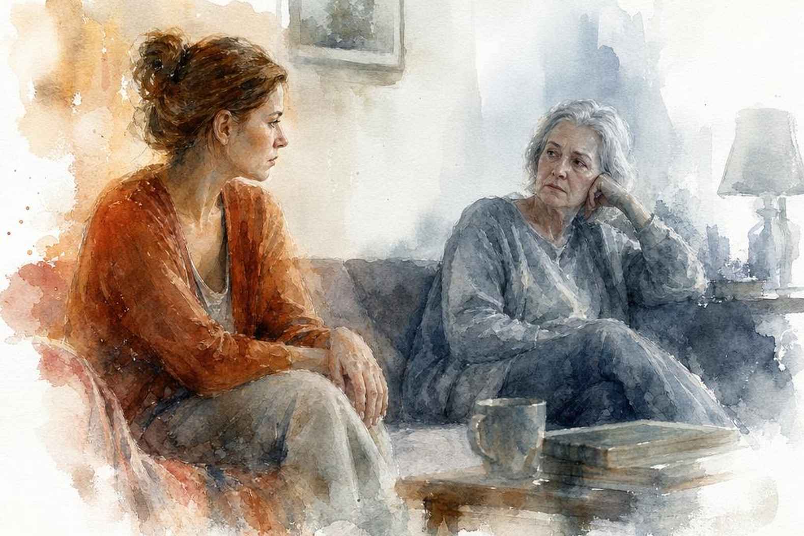 дочь и пожилая мать в комнате, между ними дистанция