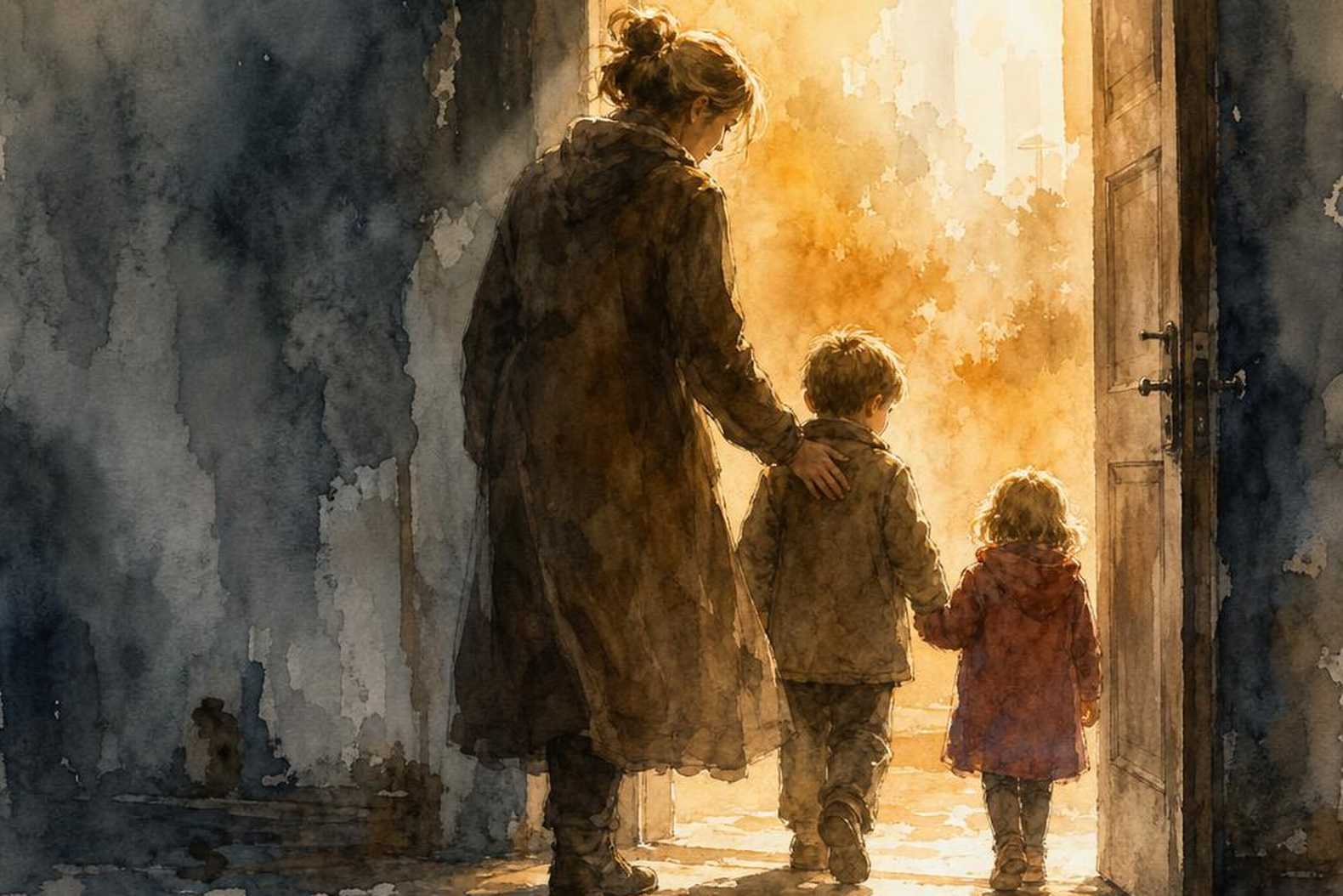 мама уводит детей из комнаты, защита, спокойствие