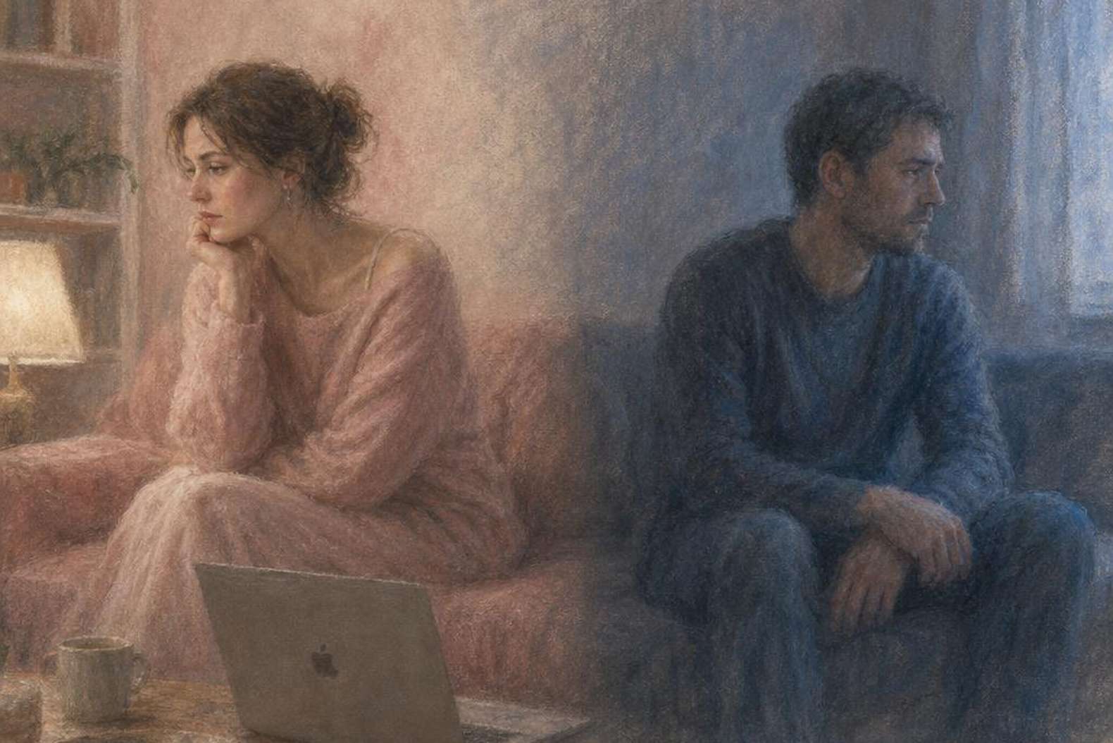 женщина и мужчина на диване, тёплое и холодное пространства