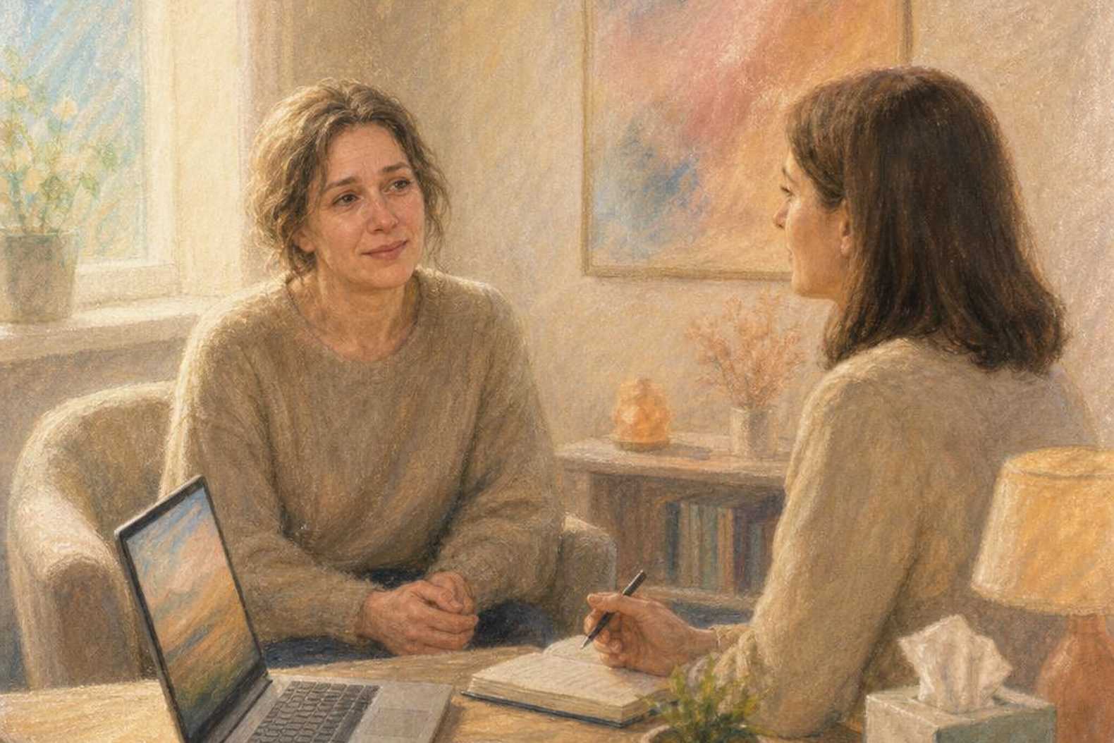 женщина на приёме у психолога, первый разговор за себя
