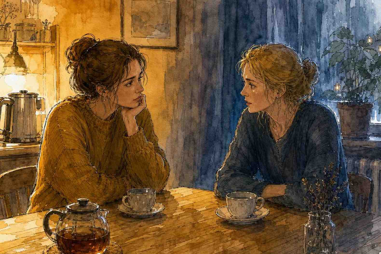 Две женщины за чаем, доверительный разговор