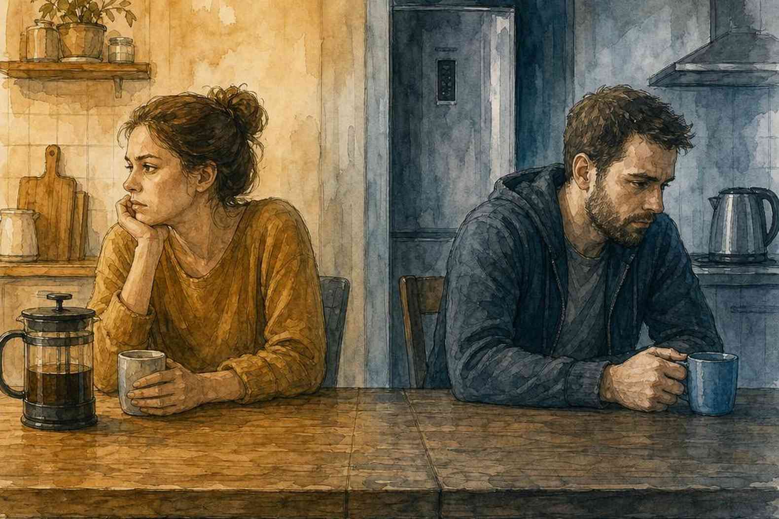 Мужчина и женщина за столом, напряжённый разговор