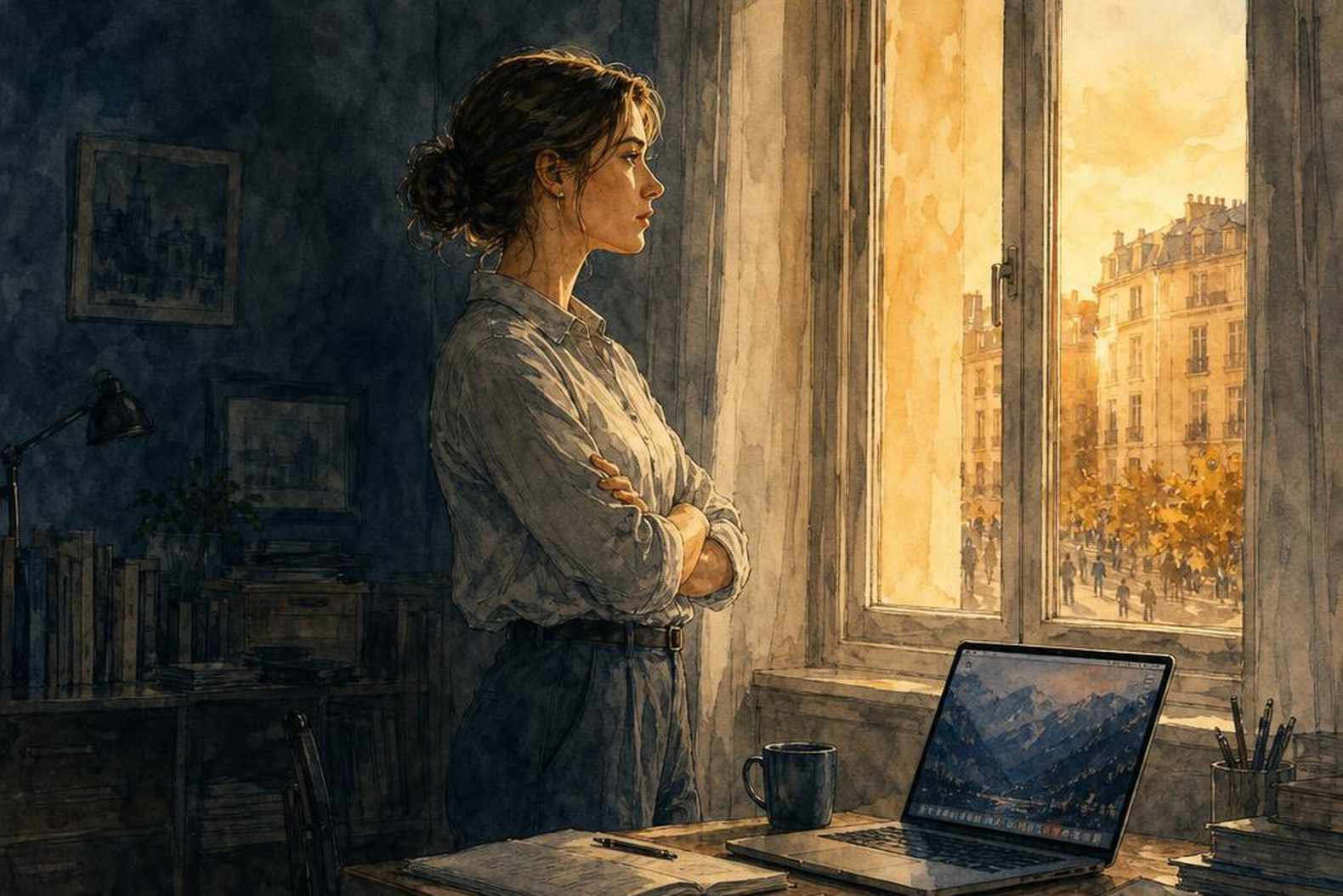 Женщина у окна, тёплый свет снаружи
