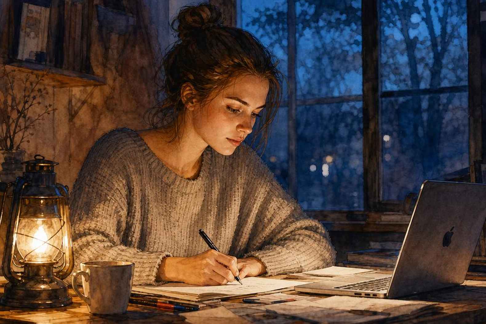 женщина за столом с бумагой, момент осознания
