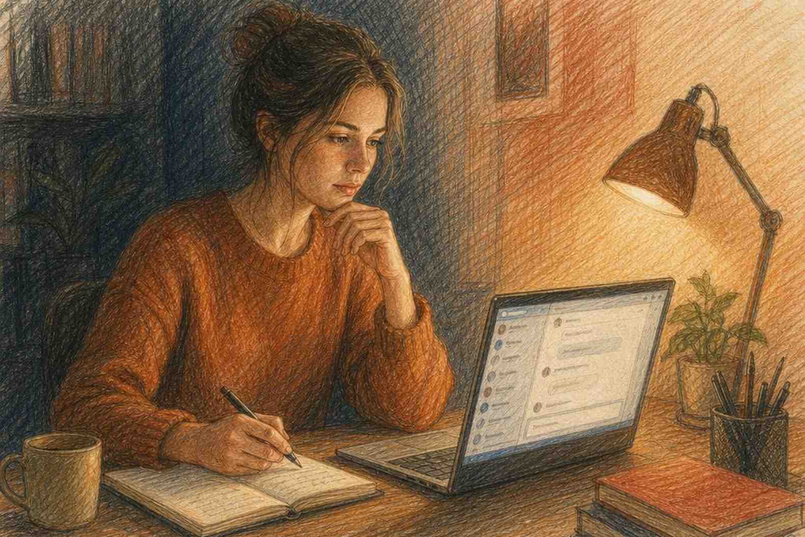 Женщина с блокнотом под лампой, момент решения