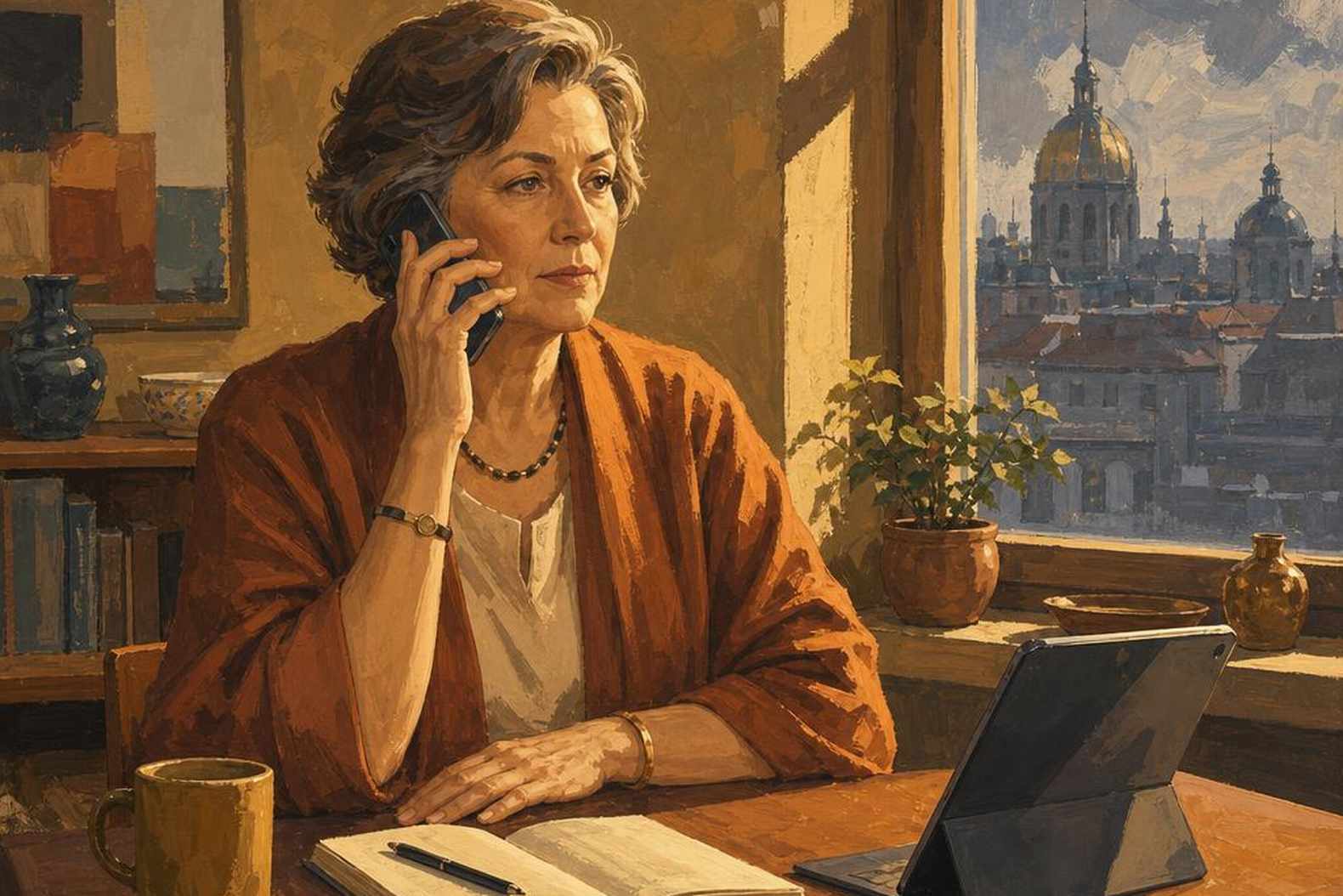 Женщина звонит по телефону у окна