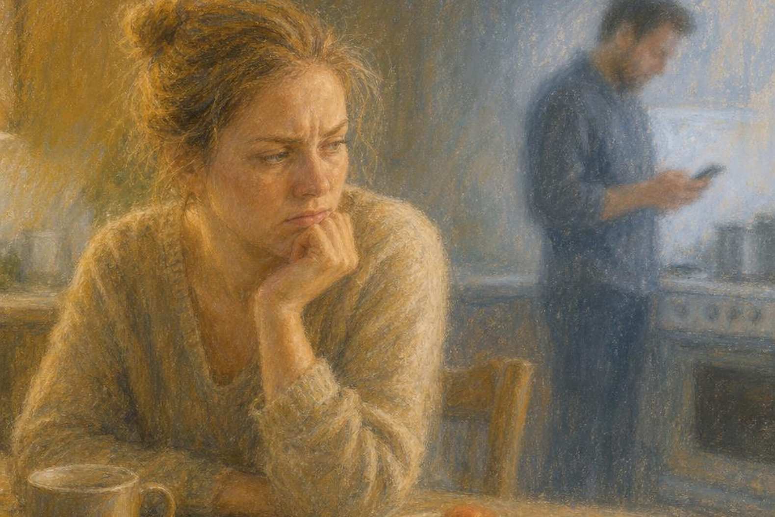 женщина и муж за кухонным столом, напряжение