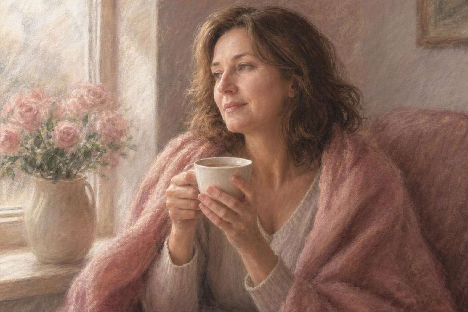 женщина с чашкой чая утром, спокойствие