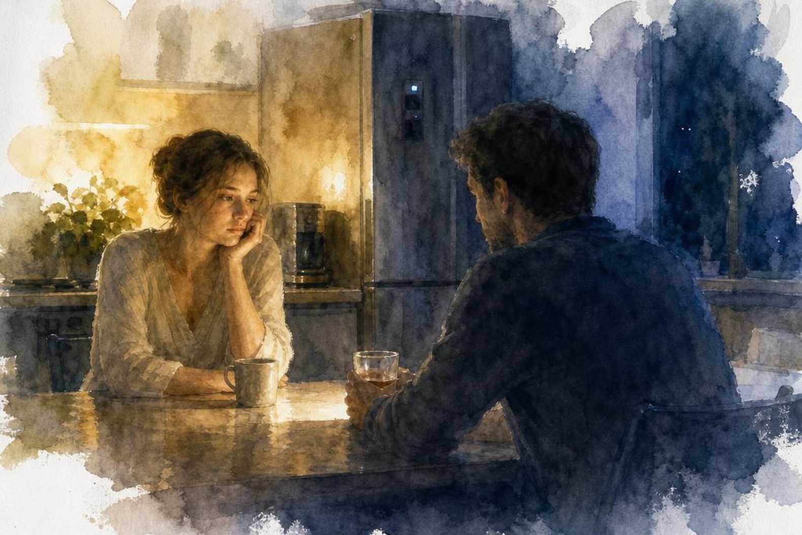 двое за столом вечером, дистанция и напряжение между ними