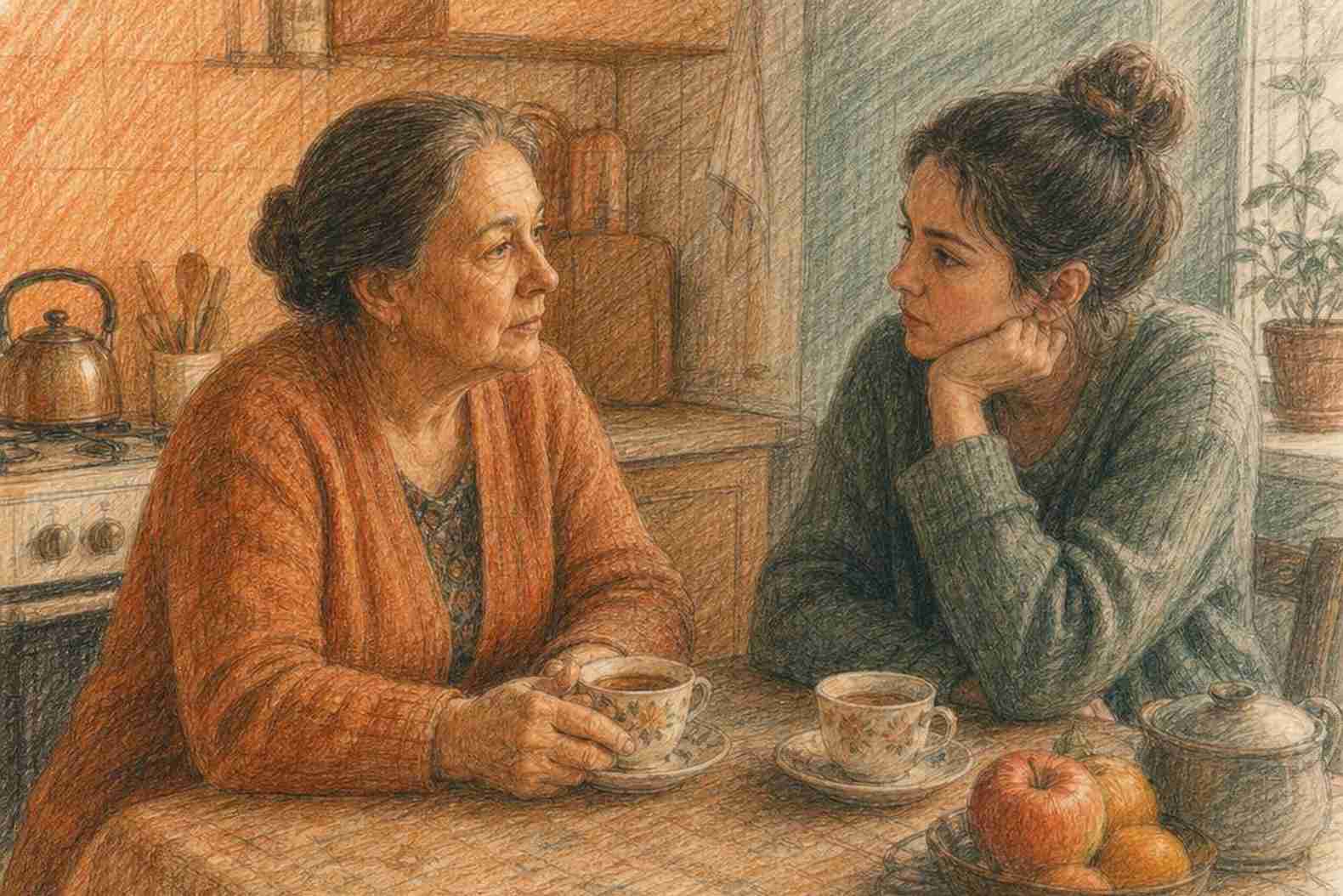 две женщины за чаем, разговор о детстве и созависимости