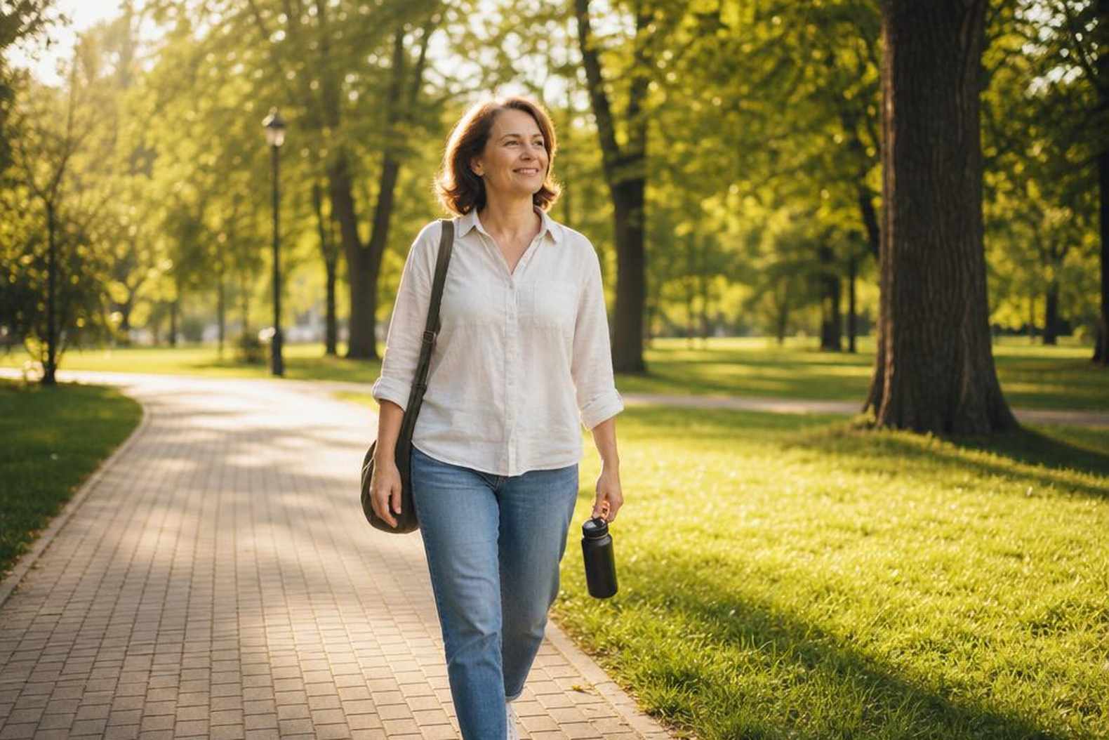 улыбающаяся женщина на прогулке в парке утром