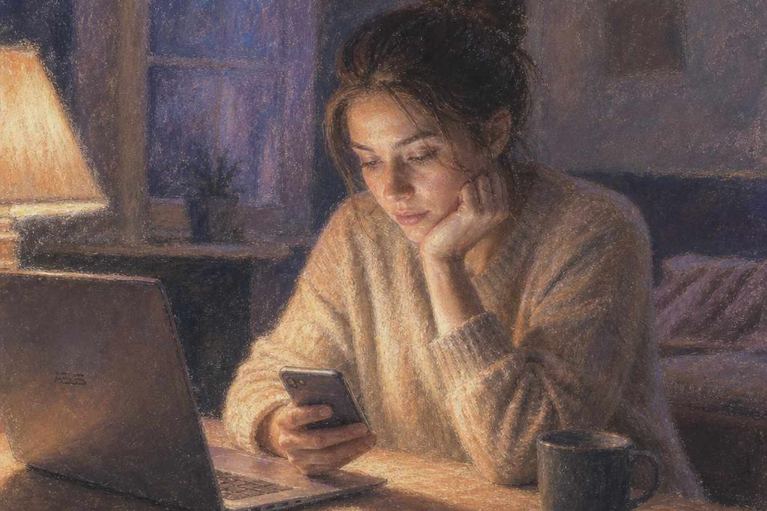 женщина у лампы, момент тихого решения