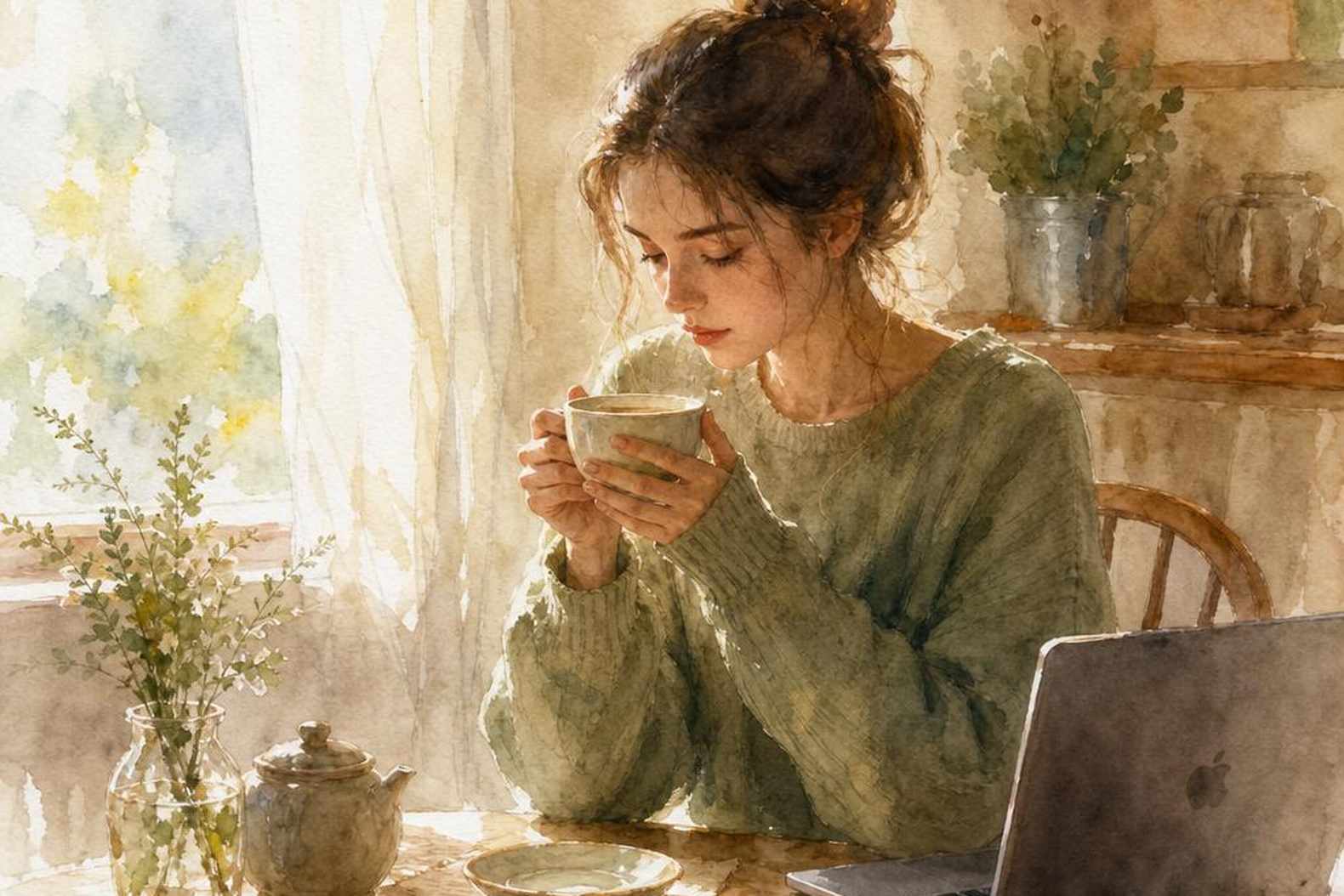 женщина с чашкой чая, тихий момент решения