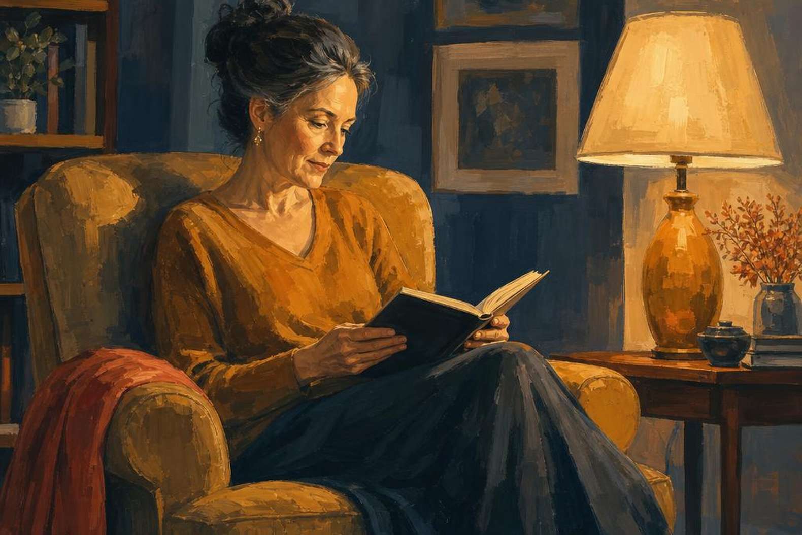 Женщина читает книгу в уютном свете лампы - начало жизни для себя