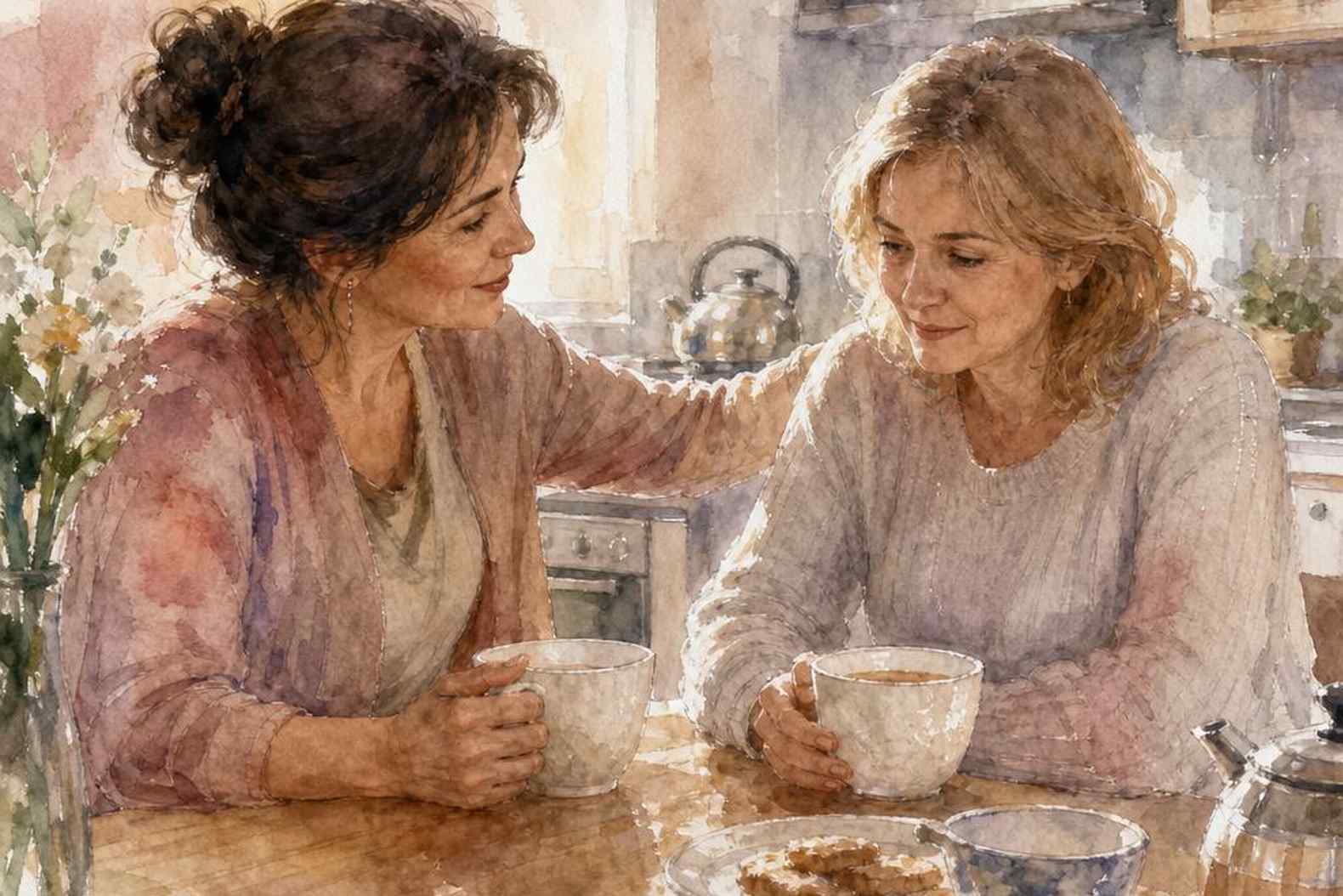 Две женщины за чашкой чая, опора и понимание
