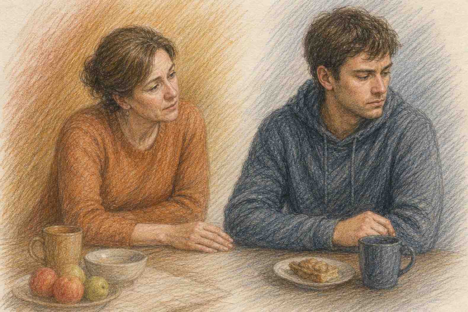 Мать и взрослый сын за столом, дистанция в позах