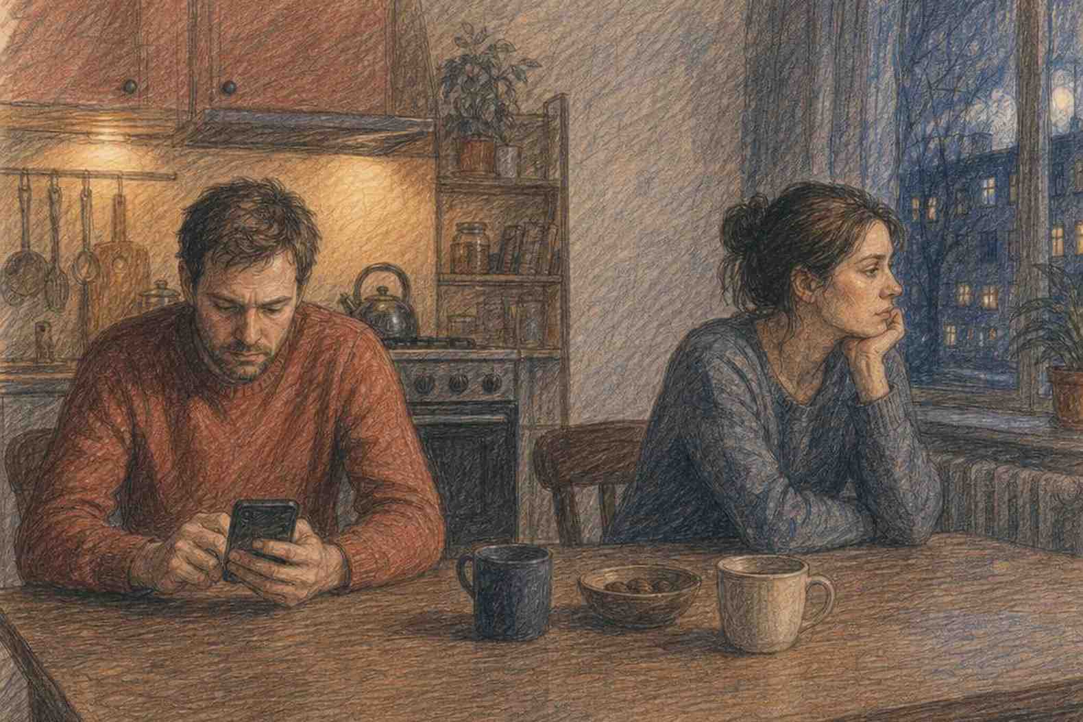 Муж и жена за столом, дистанция в отношениях