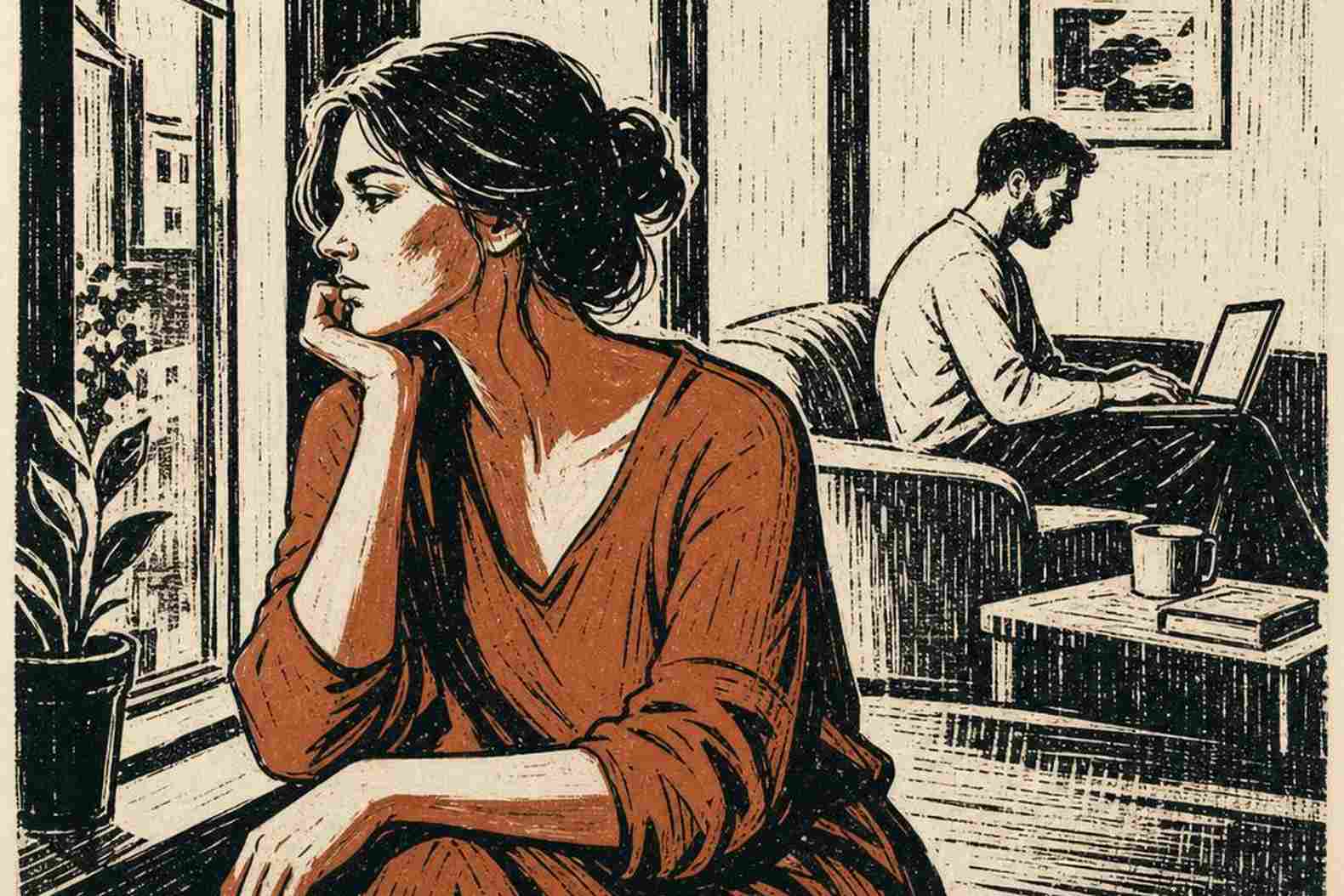 женщина у окна, мужчина в тени на заднем плане