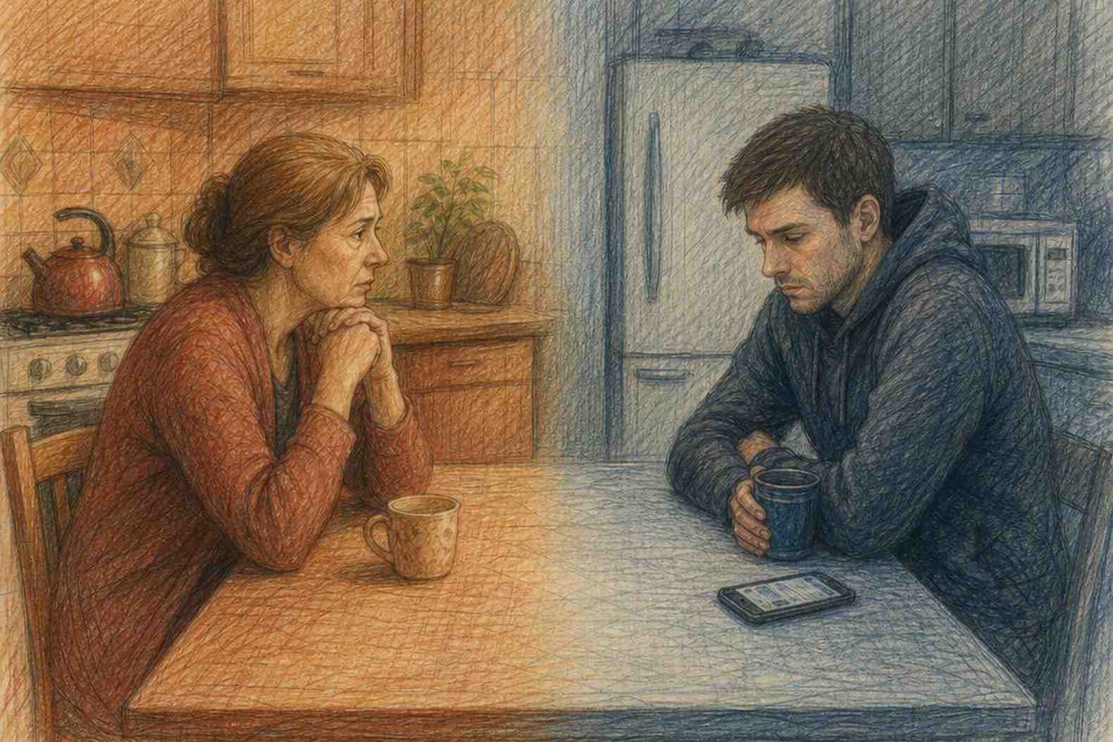мать и взрослый сын, дистанция через кухонный стол