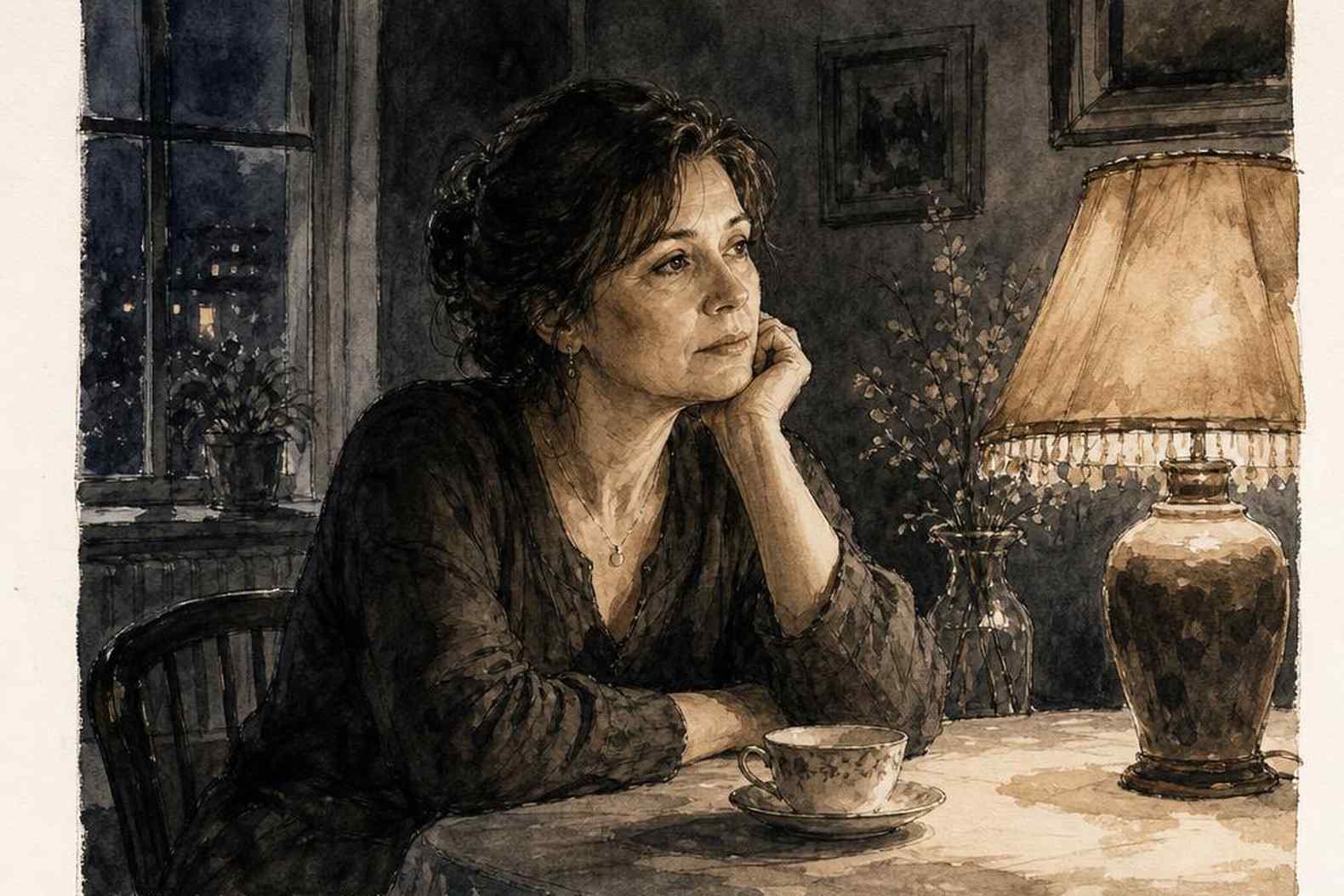 женщина одна за столом с чашкой, вечерний свет