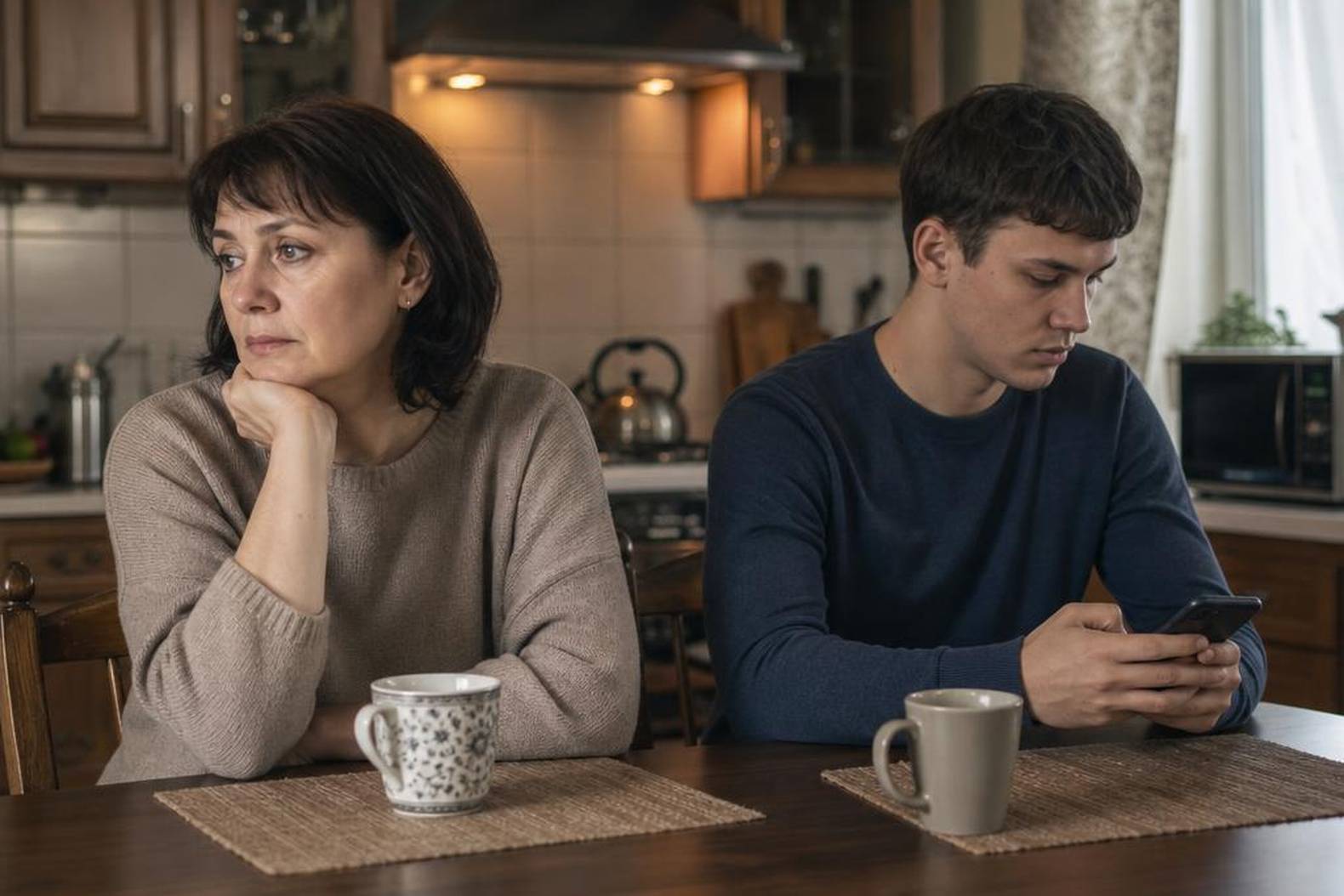 Мать и сын за кухонным столом - молчание и дистанция между ними