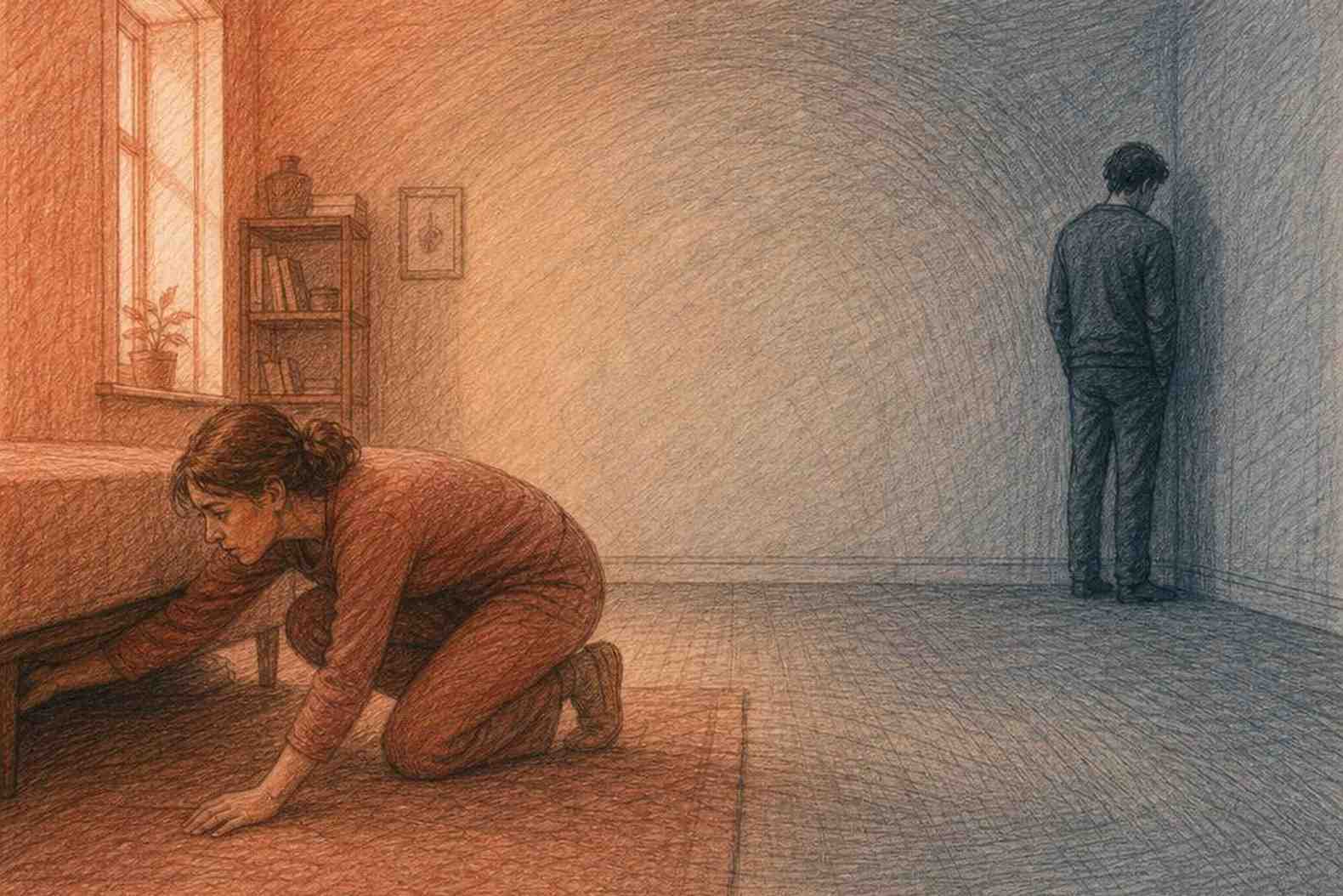 Женщина ищет, мужчина в стороне, круговая игра