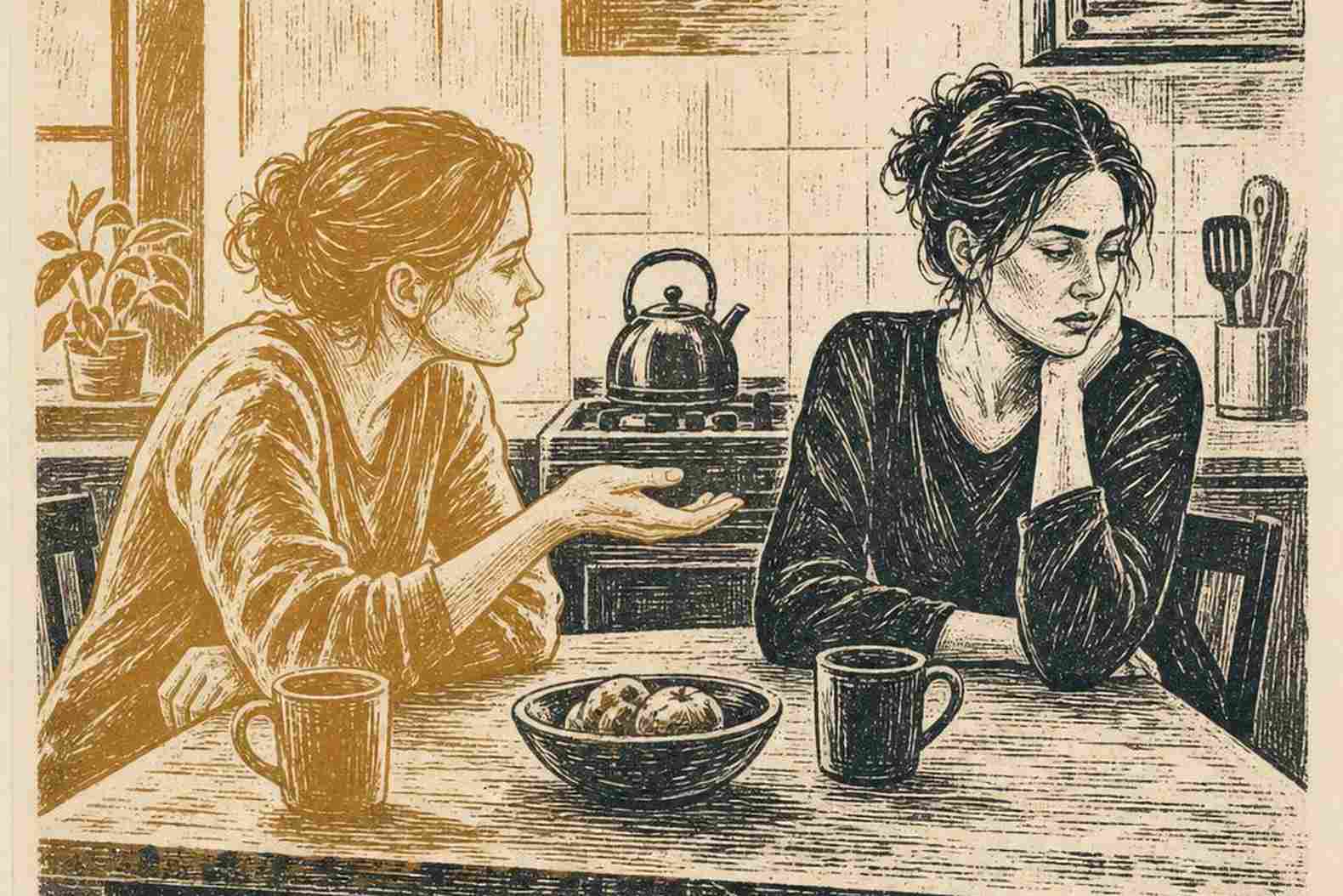 Две подруги за столом - одна тянется к другой, та смотрит в сторону